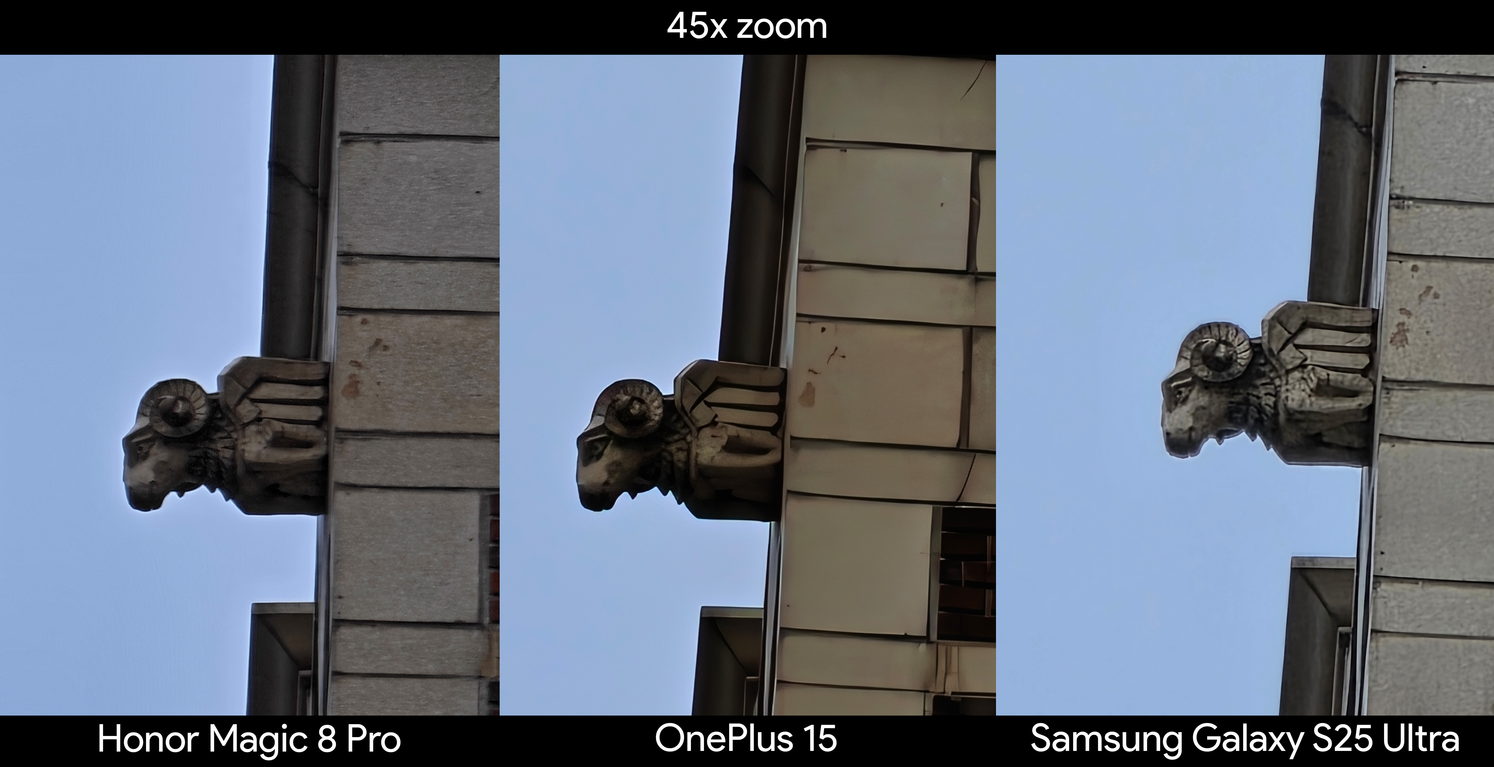 Camera samples from the OnePlus 15 showing 45x zoom quality