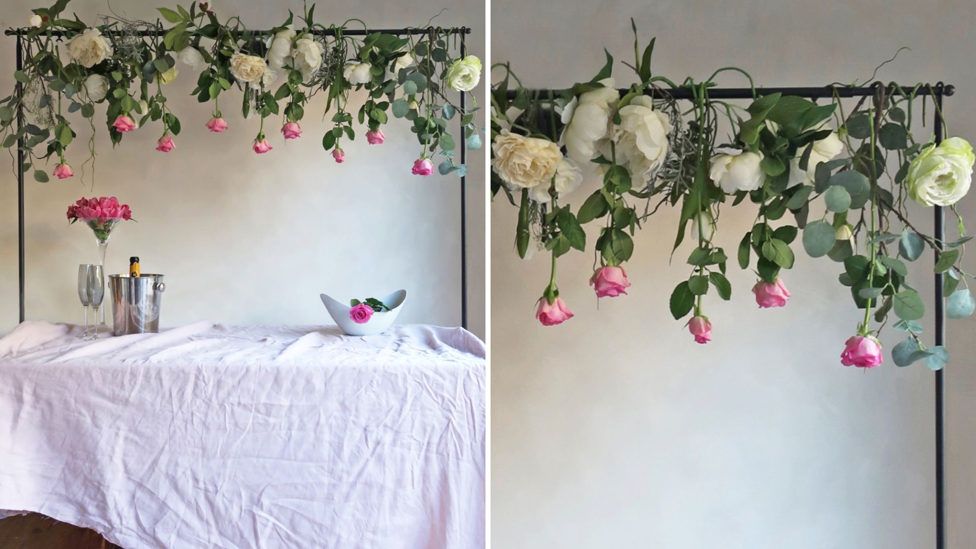table stand flower display over a dining table to demonstrate a creative valentine's day decoration