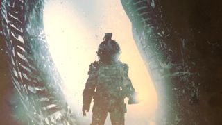 A figure in a spacesuit stands in an opening, leveling a torch toward the foreground