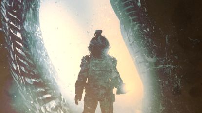 A figure in a spacesuit stands in an opening, leveling a torch toward the foreground