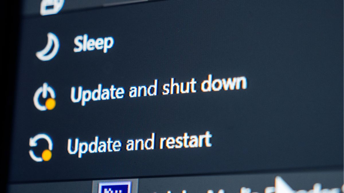 Two options shown on the Windows 10 start menu, reading &amp;quot;Update and shut down&amp;quot;, or &amp;quot;Update and restart&amp;quot;