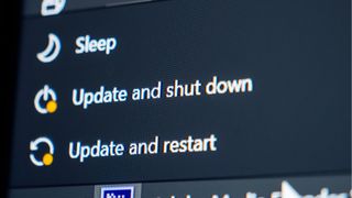 Two options shown on the Windows 10 start menu, reading "Update and shut down", or "Update and restart"