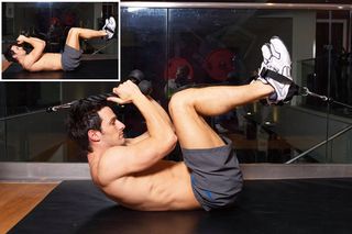 Man demonstrates two positions of the cable tuck crunch