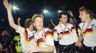 Rudi Voeller, Andreas Brehme, Juergen Kohler, Bodo Illgner and Juergen Klinsmann of Germany celebrate their defeat of Argentina in the 1990 FIFA World Cup Final on 8 July 1990 at the Olimpico Stadium in Rome, Italy. The match resulted in a 1-0 victory for Germany.(Photo by David Cannon/Getty Images)