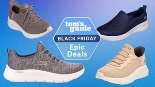 Skechers shoes on background with Black Friday deals tag