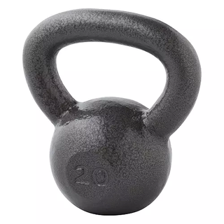 Gray cast-iron kettlebell on white background with number 20 embossed on face