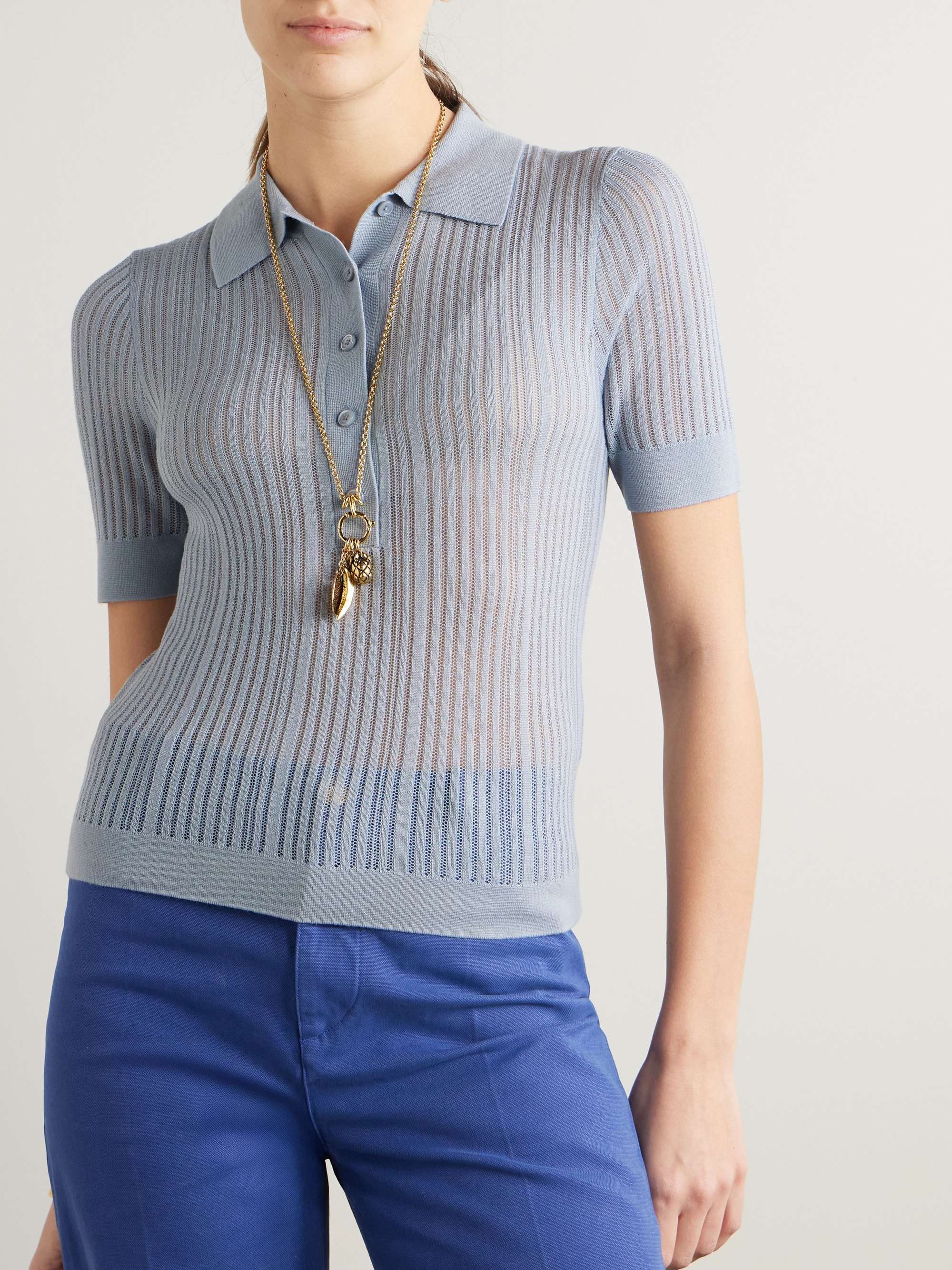 Ribbed Open-Knit Wool Polo Shirt