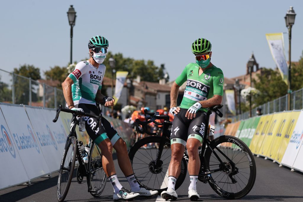 From L Team Bora rider Italys Daniel Oss and Team Bora rider Slovakias Peter Sagan wait prior to the 8th stage of the 107th edition of the Tour de France cycling race 140 km between CazeressurGaronne and Loudenvielle on September 5 2020 Photo by KENZO TRIBOUILLARD AFP Photo by KENZO TRIBOUILLARDAFP via Getty Images