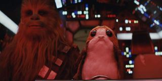 Chewbacca and Porg on Millenium Falcon in Star Wars: Last Jedi
