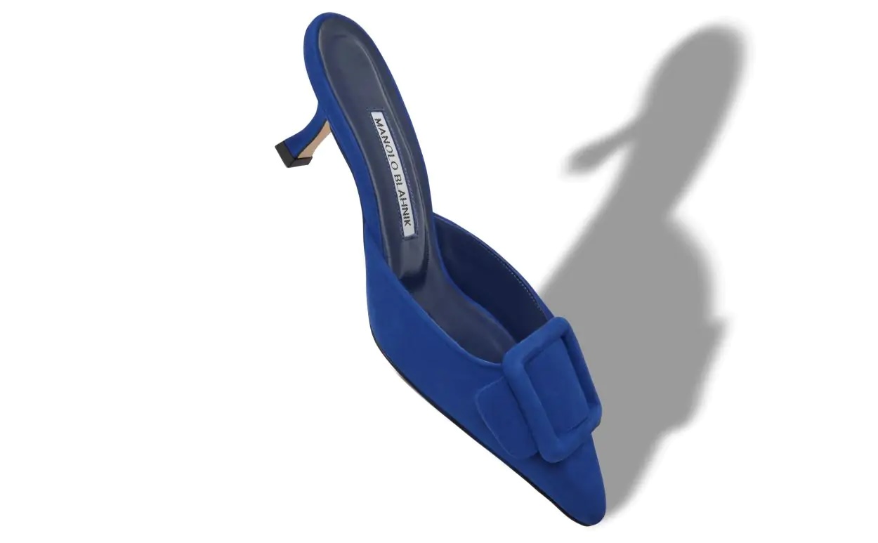 Manolo Blahnik Maysale Blue Suede Buckle Detail Mules