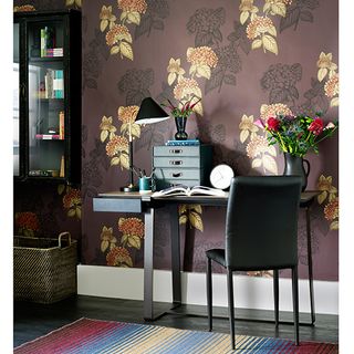 study room with floral printed wall