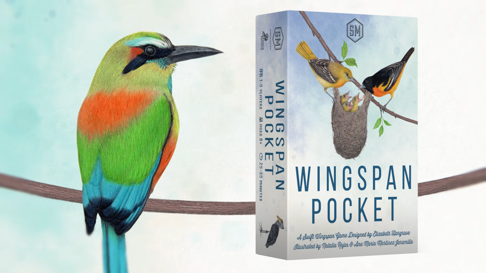 The Wingspan Pocket box beside a colorful bird sitting on a vine