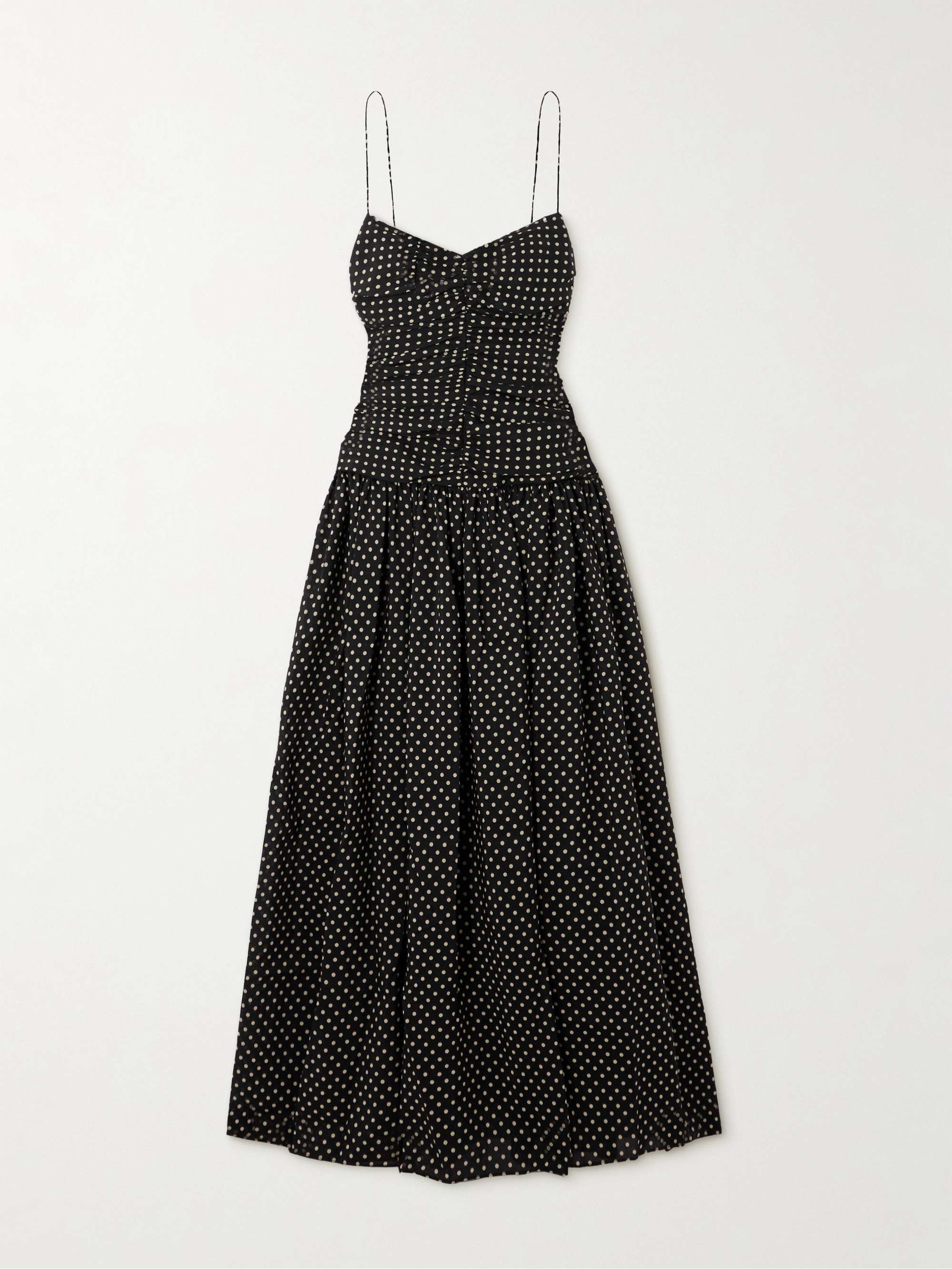 Gathered Polka-Dot Organic Cotton and Silk-Blend Midi Dress