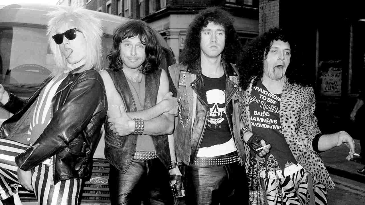 Spoof metal band Bad News posing for a photograph in the 1980s
