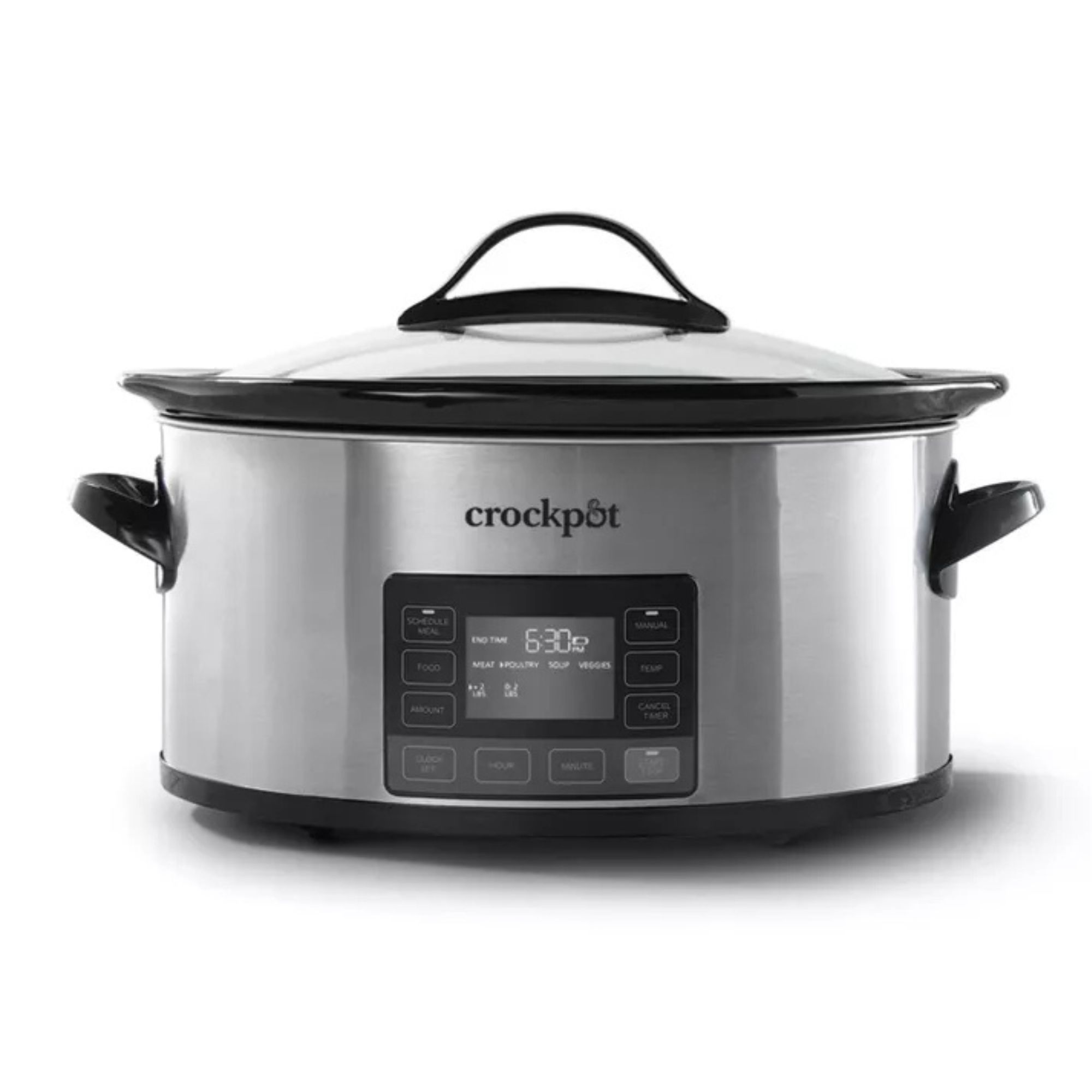Stainless Steel Crock-Pot with programmable buttons on the front, a digital information panel, black handles and glass lid