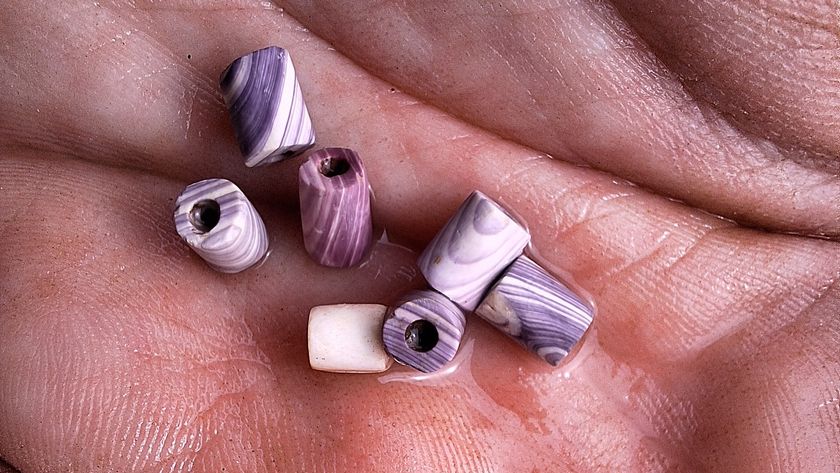 A collection of purple and white marbled beads in the palm of a hand