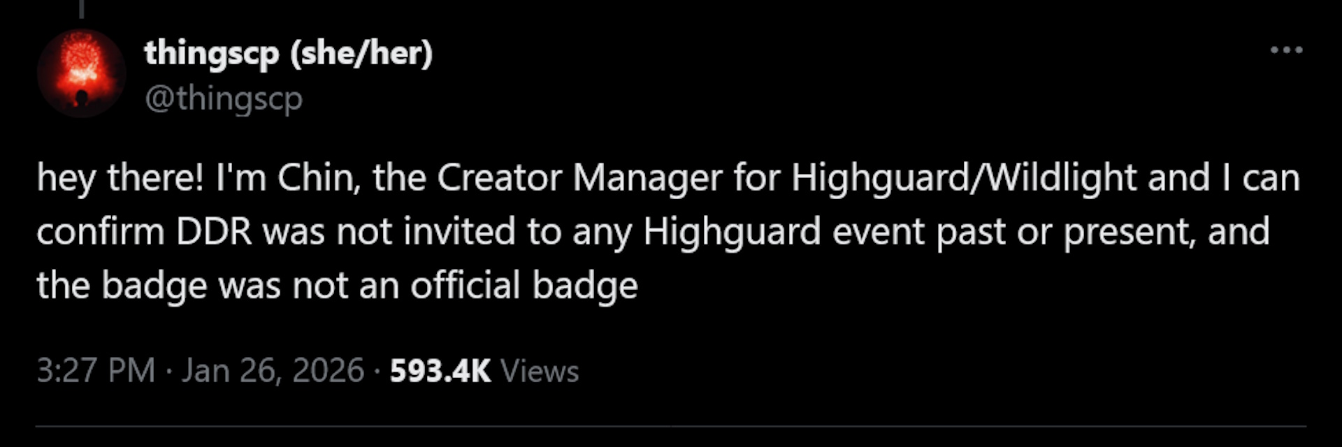 hey there! I'm Chin, the Creator Manager for Highguard/Wildlight and I can confirm DDR was not invited to any Highguard event past or present, and the badge was not an official badge