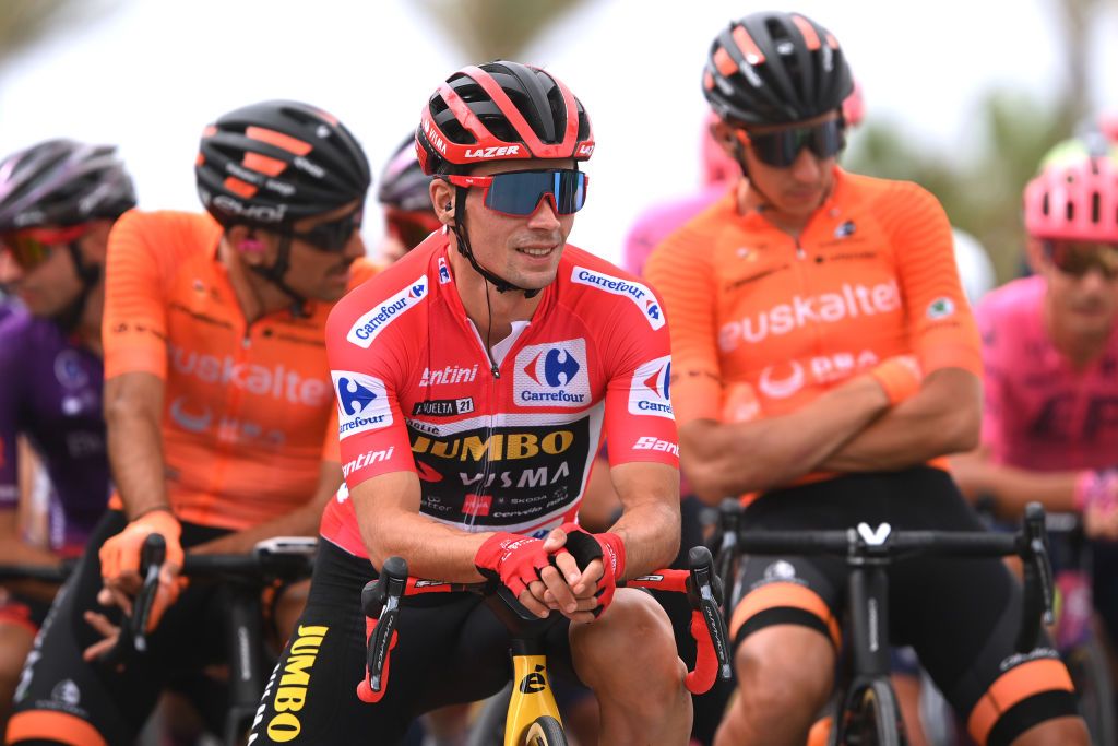 RINCON DE LA VICTORIA SPAIN AUGUST 24 Primoz Roglic of Slovenia and Team Jumbo Visma Red Leader Jersey prior to the 76th Tour of Spain 2021 Stage 10 a 189km stage from Roquetas de Mar to Rincn de la Victoria lavuelta LaVuelta21 on August 24 2021 in Rincon De La Victoria Spain Photo by Stuart FranklinGetty Images