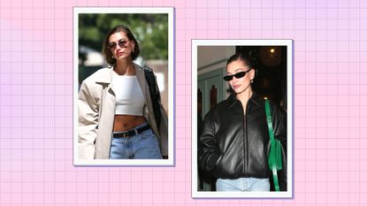 Hailey Bieber&#039;s sunglasses: Hailey pictured wearing thin black sunglasses in a pink and purple two-picture template