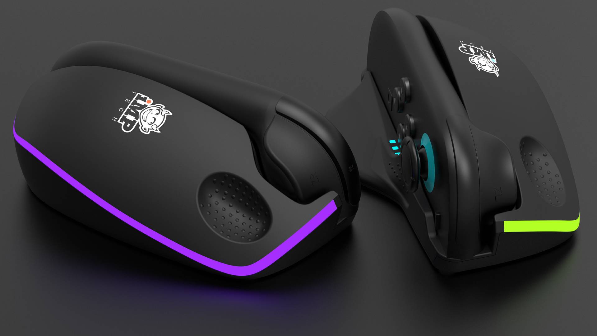 Official product photo of a pair of Switch 2 Joy-con controllers sitting in the LED Mouse Duo add ons, with a black background.