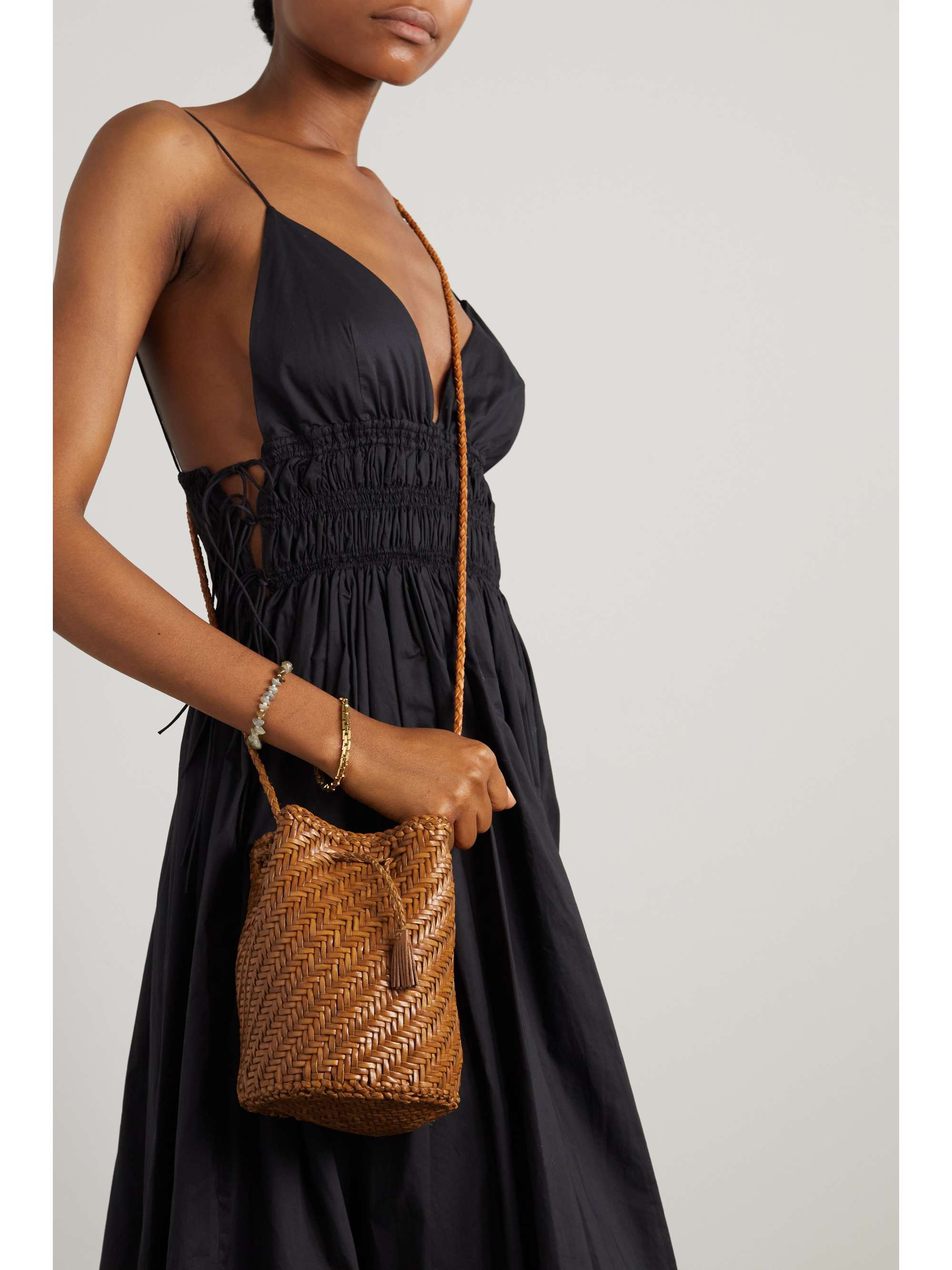 Pompom Double Jump Woven Leather Bucket Bag