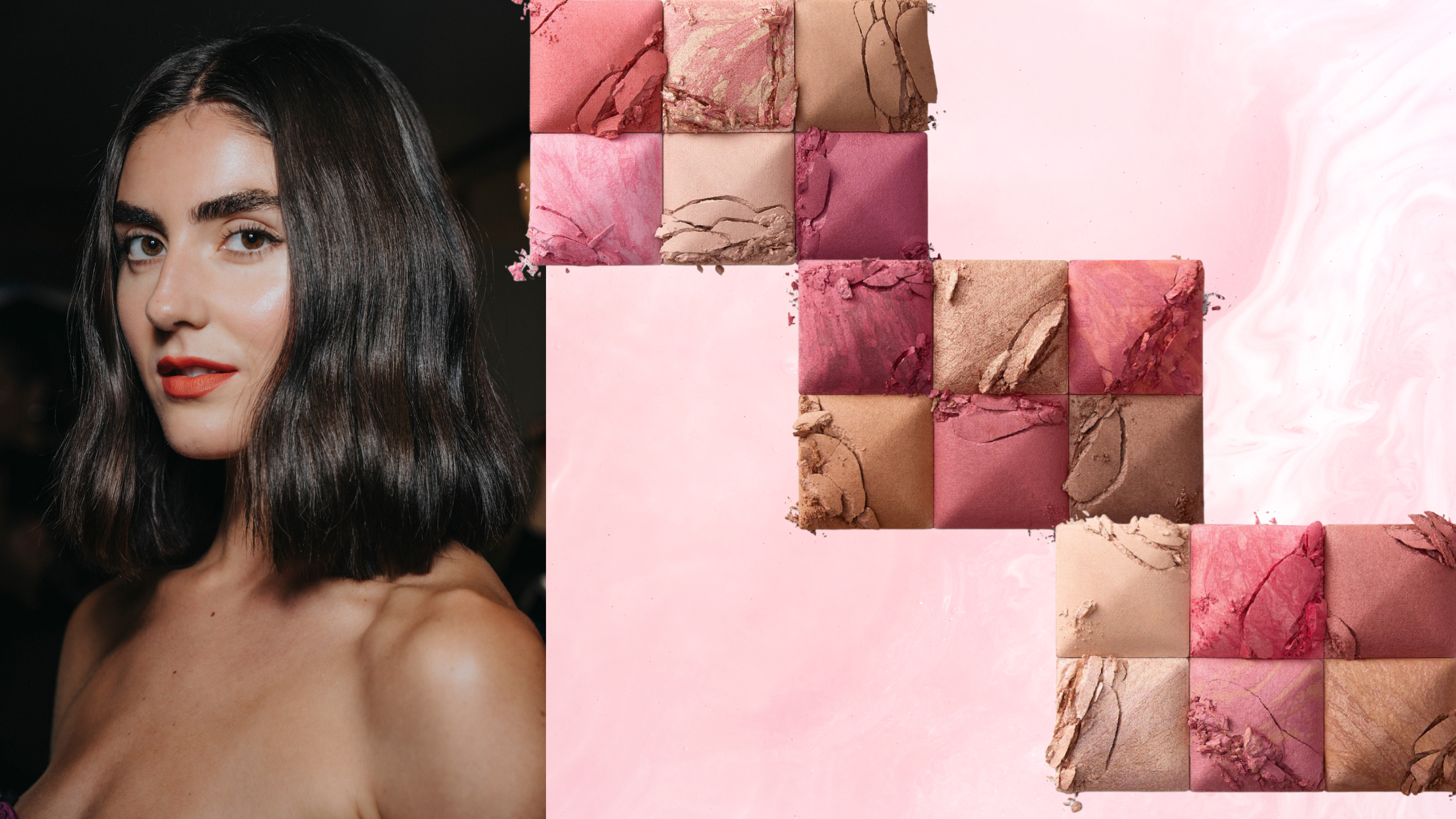 A woman with shoulder length hair wearing orange lipstick. She is next to three images of 6 pan powders from hourglass. 
