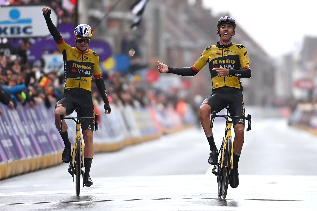 Christophe Laporte and Wout Van Aert cross line at Gent-Wevelgem 2023