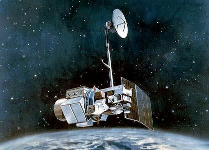 Illustration of Landsat 5 satellite in Earth orbit.