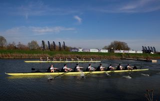 Boats move away from the start Oxford nearest the camera during the 166th annual mens boat race between Oxford University and Cambridge University on the River Great Ouse in Ely eastern England on April 4 2021 Photo by Ian Walton POOL AFP Photo by IAN WALTONPOOLAFP via Getty Images