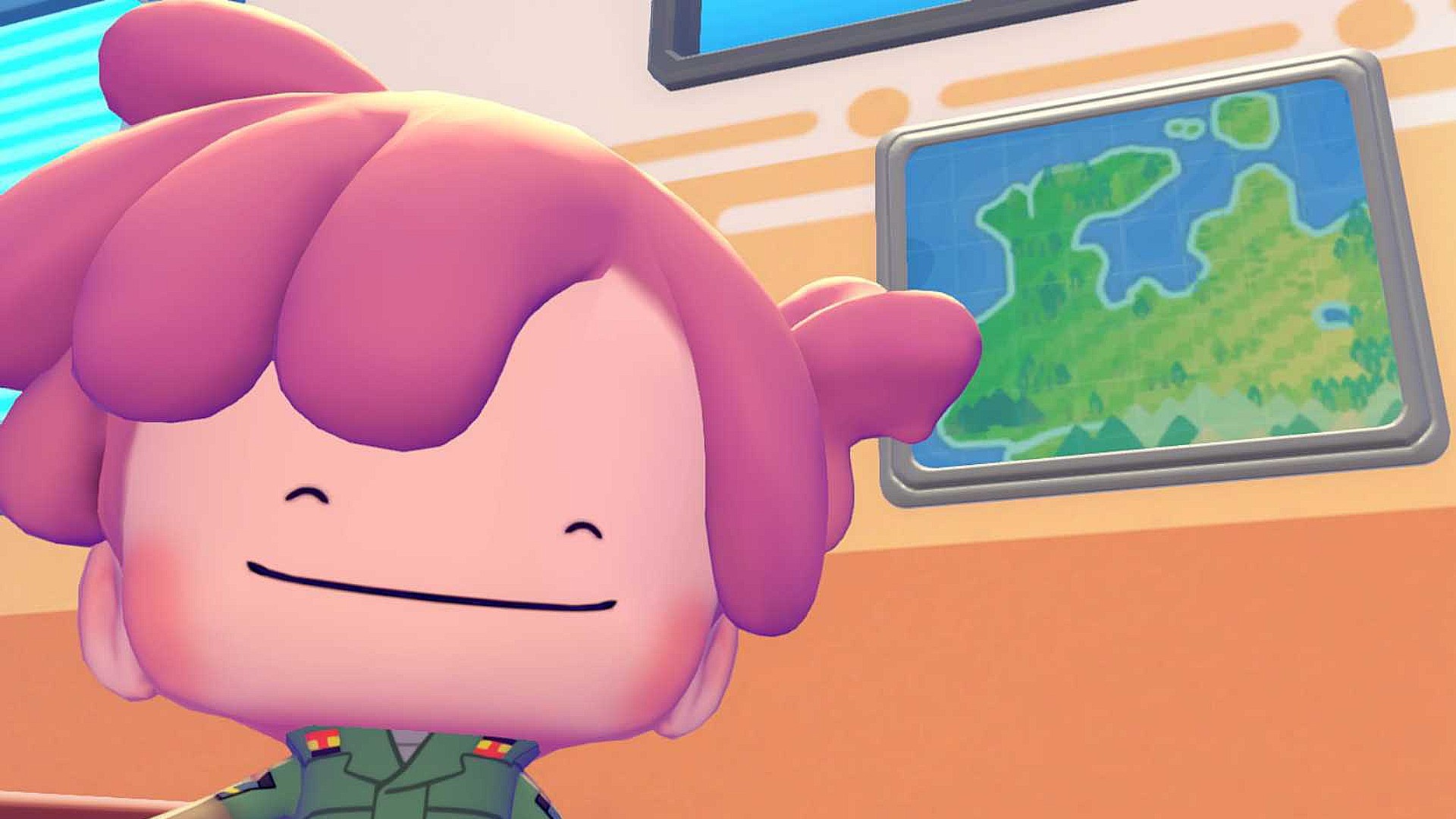 A ditto who looks like a human smiles for a selfie in front of the Pokopia area map.