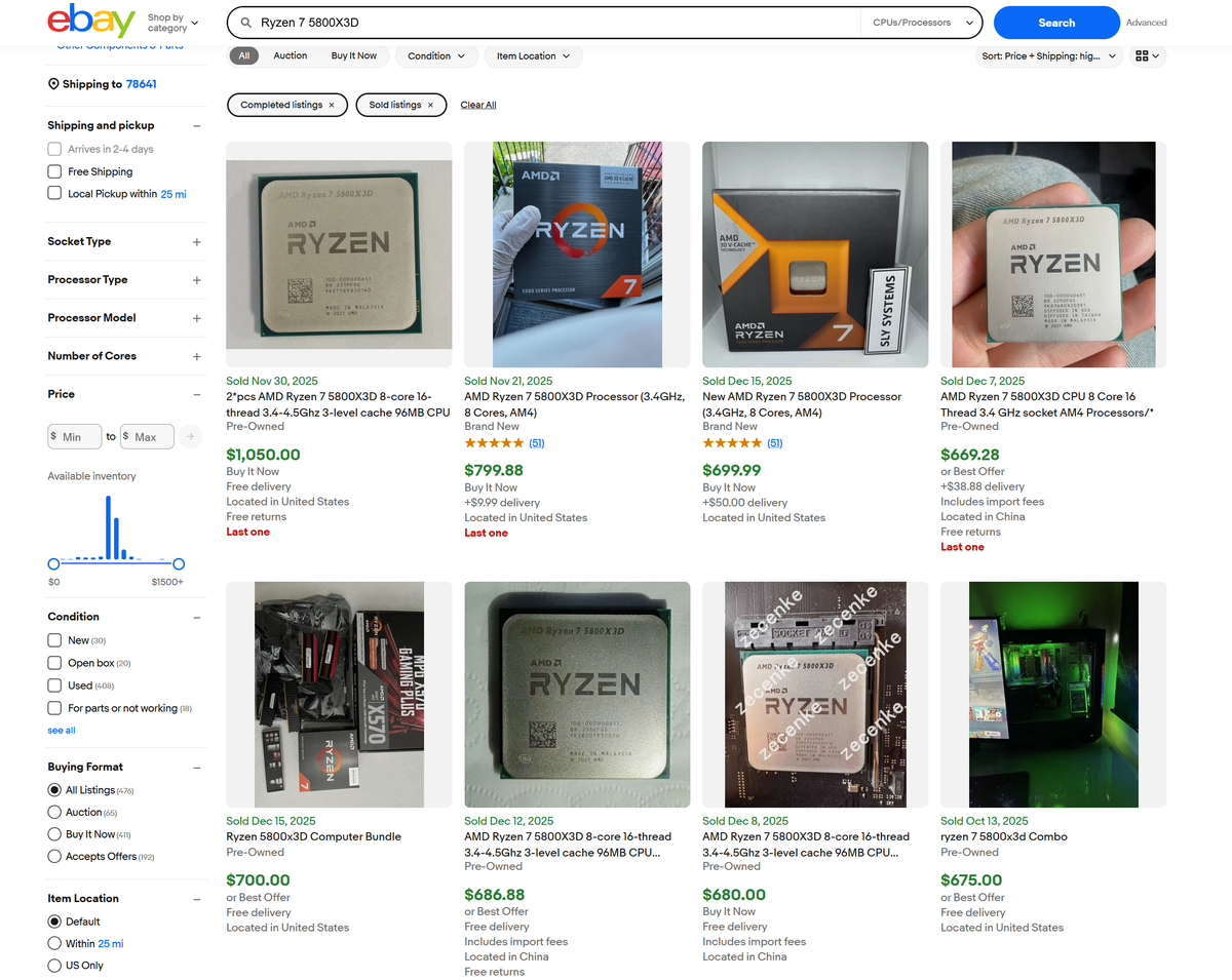 AMD's legacy Ryzen 7 5800X3D chips now sell for up to $800, more