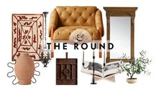 Tuscan revival decor, including a terracotta vase, patterned rug, button tufted leather armchair, rustic serving platter, and pillar accent mirror, pictured against a white background