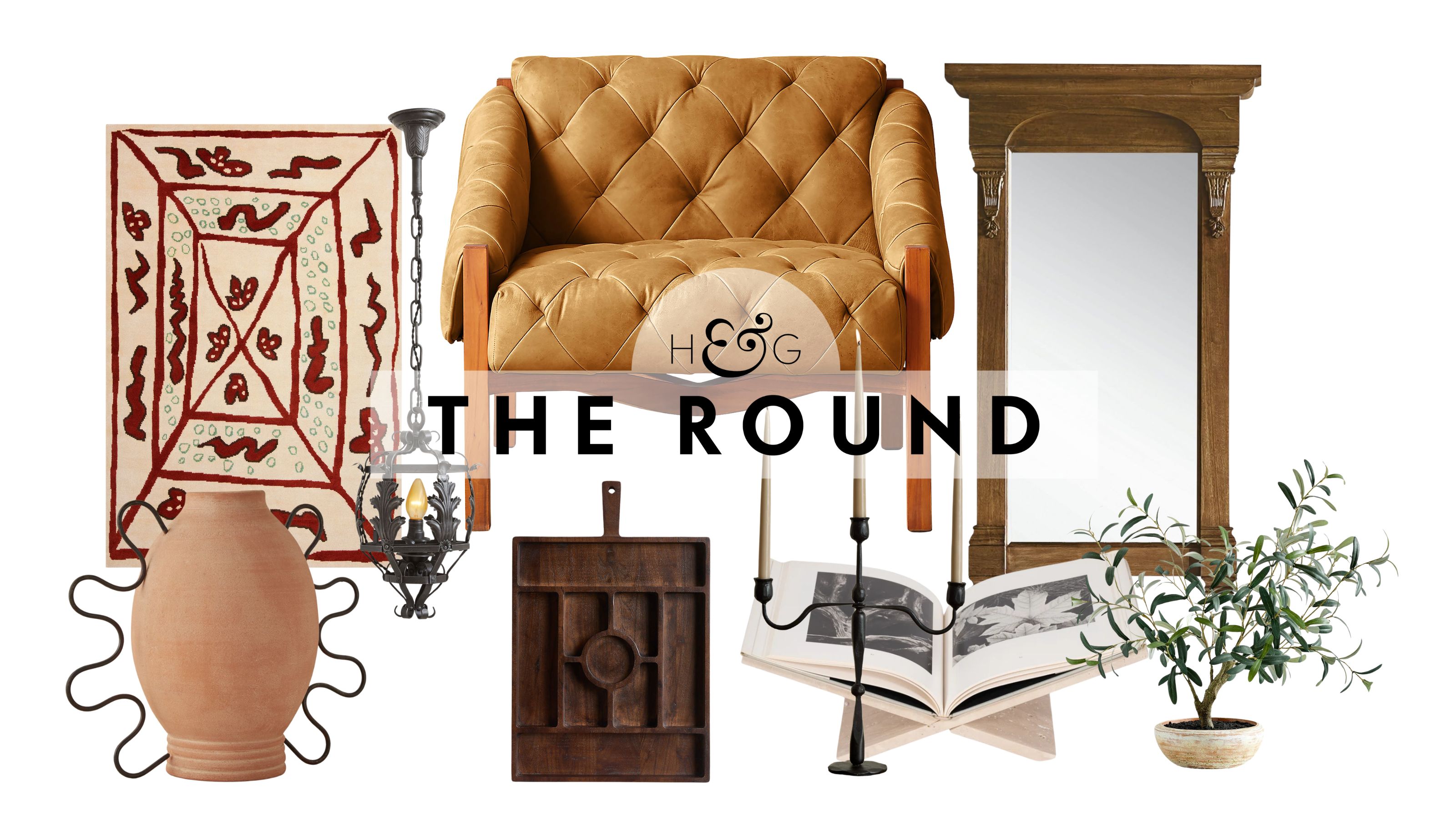 Tuscan revival decor, including a terracotta vase, patterned rug, button tufted leather armchair, rustic serving platter, and pillar accent mirror, pictured against a white background