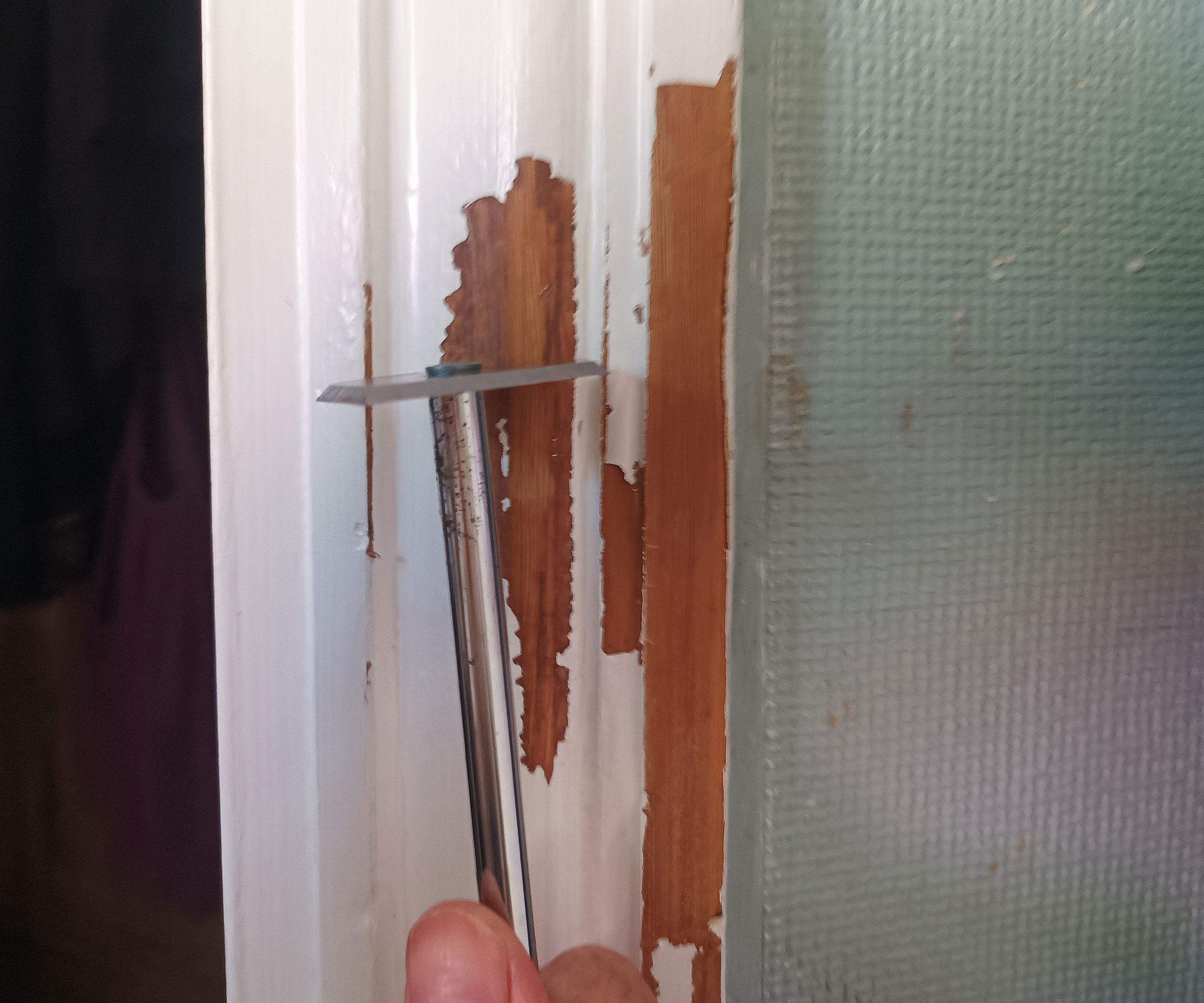 Shave hook removing white paint from architrave around door