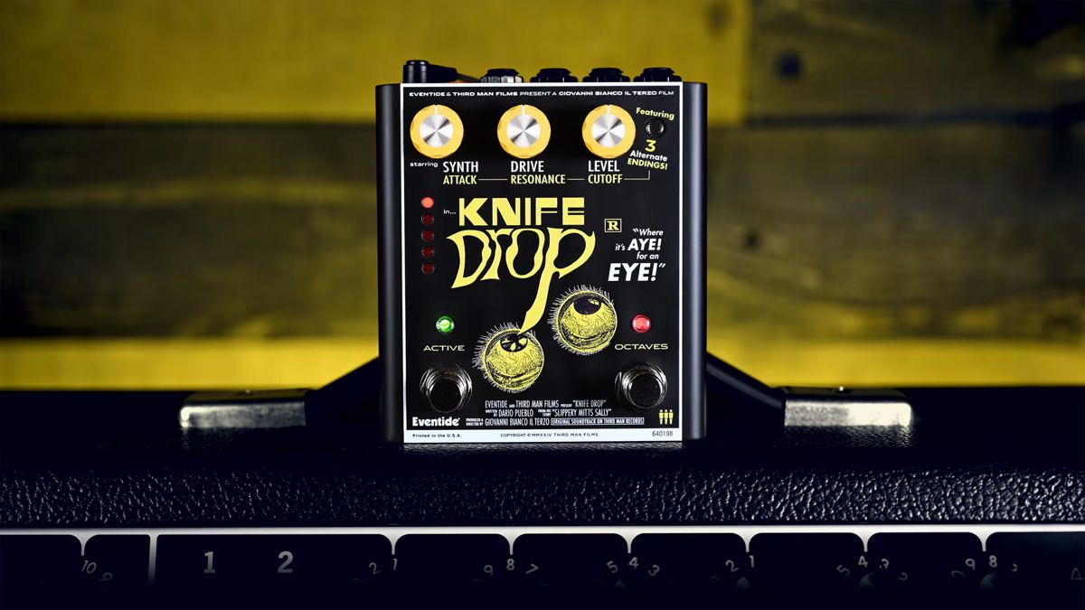 Third Man Hardware&#039;s Knife Drop pedal on an amp with a blurry yellow background