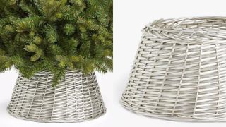 A composite image of a silver willow Christmas tree skirt.