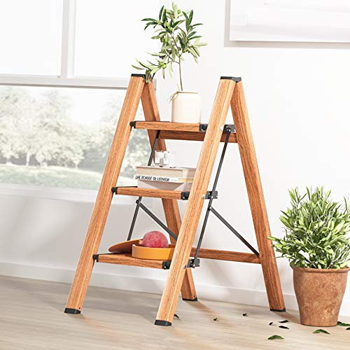Soladder 3 Step Ladder, Folding Step Stool With Anti-Slip Wide Sturdy Pedal, Multi-Use for Home and Kitchen Use, Space Saving-Woodgrain(300 Lbs Capacity)