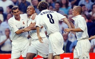 Ronaldo celebrating on his Real Madrid debut with Zinedine Zidane, Steve McManaman and Esteban Cambiasso
