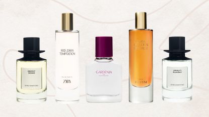 Collage of 5 of the best Zara perfumes in this guide (left to right) Ebony Woods, Red Zara Temptation, Gardenia, Golden Decade and Amalfi Sunray, set on a dusky pink background with fine line detail