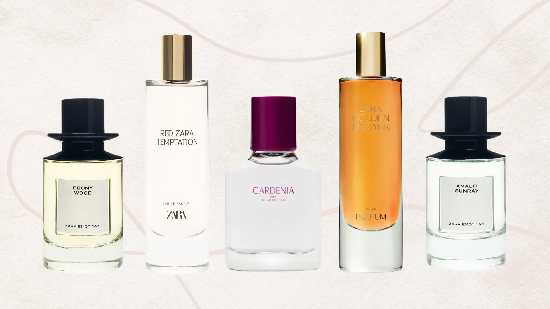 Collage of 5 of the best Zara perfumes in this guide (left to right) Ebony Woods, Red Zara Temptation, Gardenia, Golden Decade and Amalfi Sunray, set on a dusky pink background with fine line detail