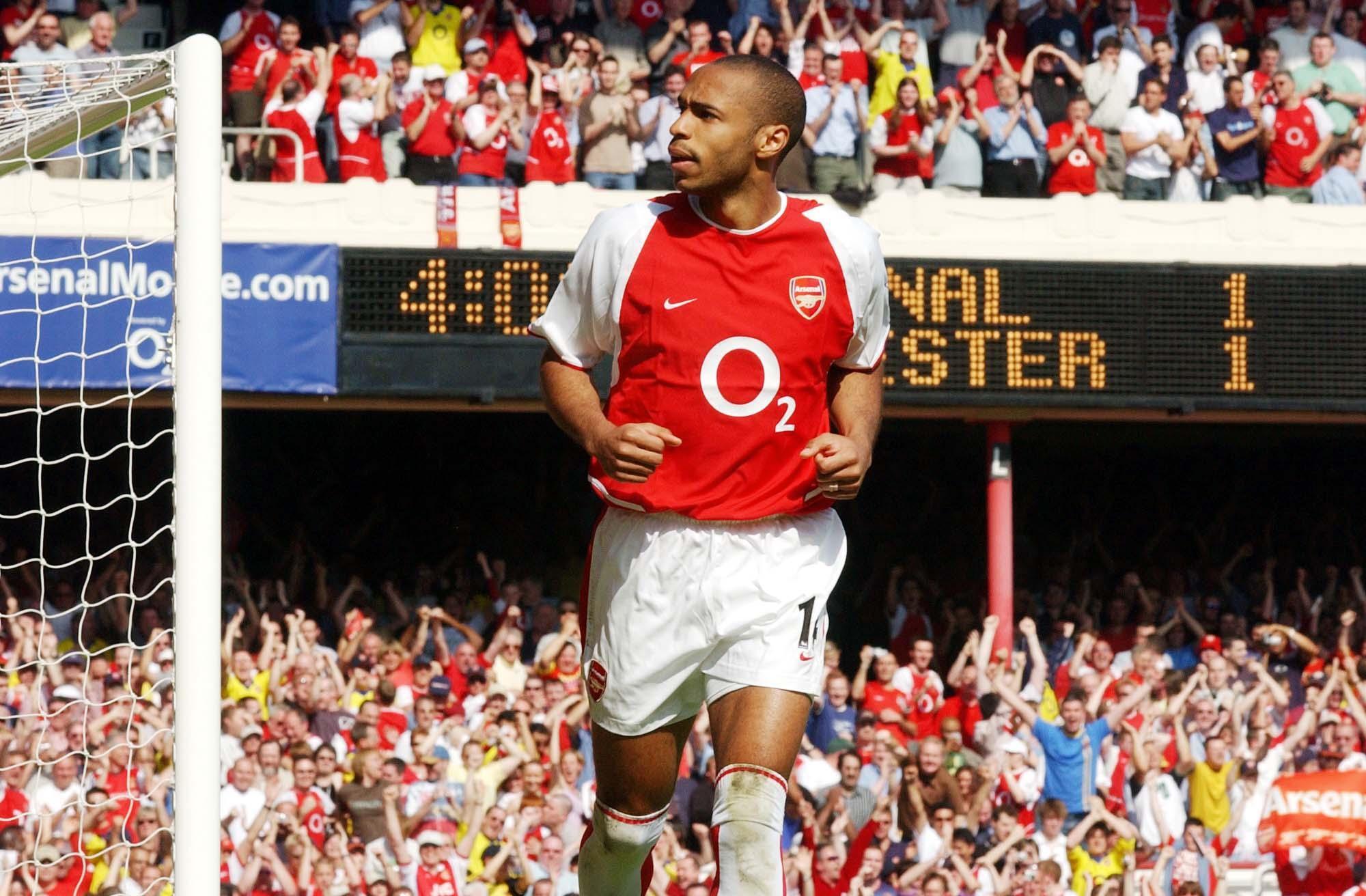 Thierry Henry celebrates after scoring for Arsenal against Leicester City on the final day of the 2003/04 Premier League season