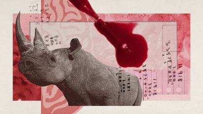 Photo collage of a rhino, a blood sample, an illustration of a brain, and mathematical calculations.