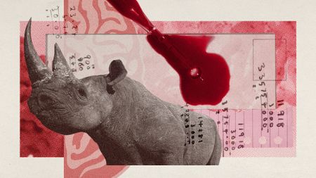 Photo collage of a rhino, a blood sample, an illustration of a brain, and mathematical calculations.