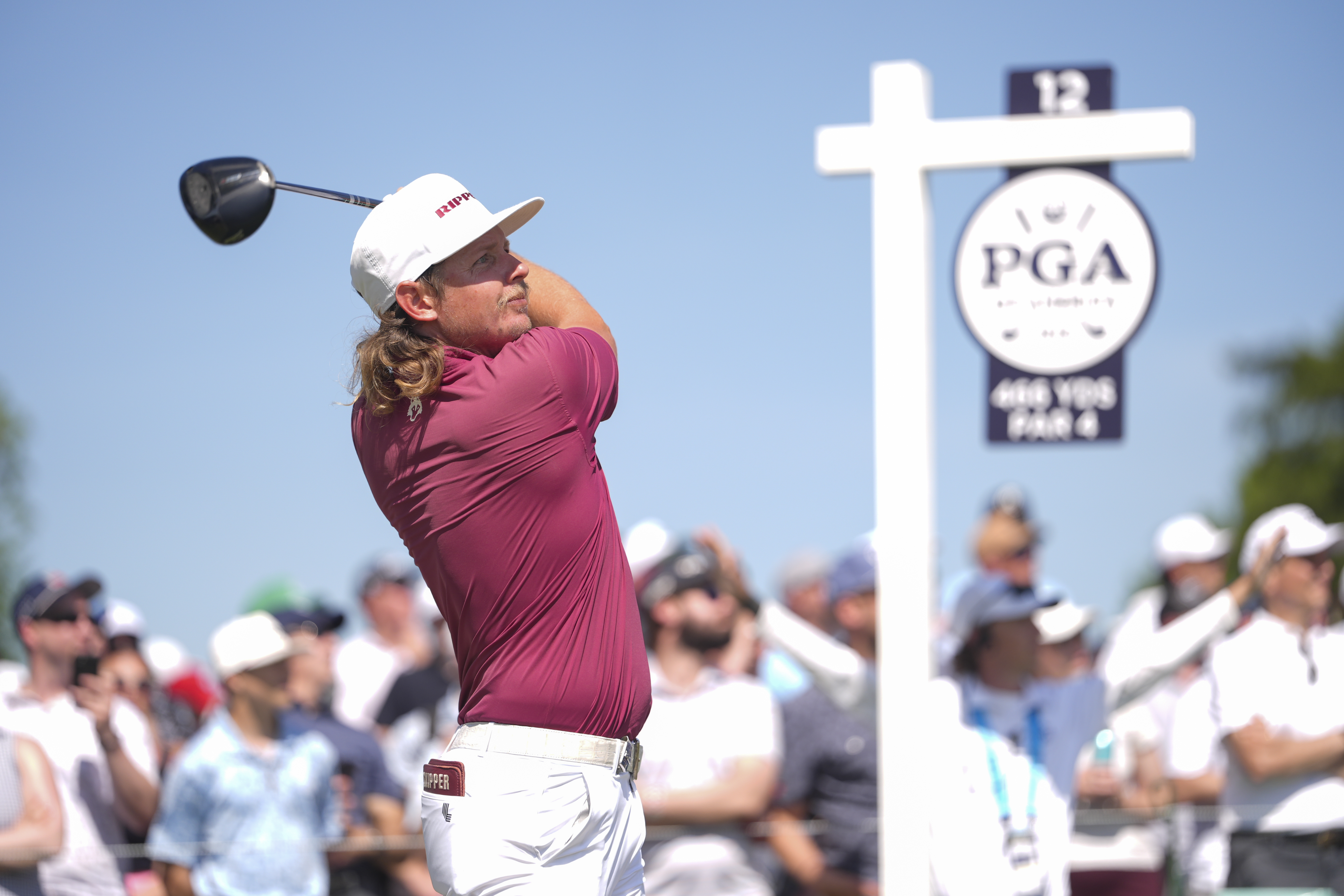 Cameron Smith hits his tee shot on the 12th hole during the final round of the PGA Championship at Aronimink Golf Club