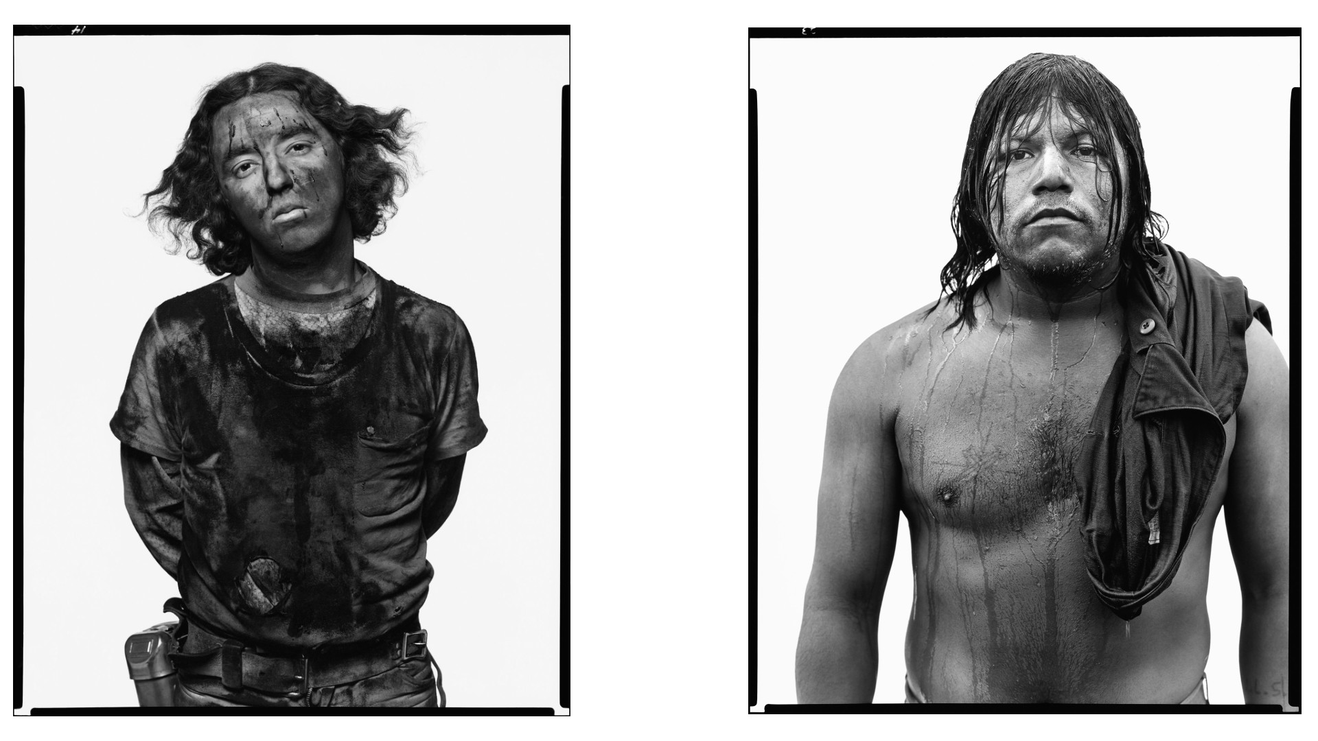 Two high-contrast portraits shown side-by-side: one of a man coated in dark grime and another of a shirtless man drenched in sweat, both set against a bright white background.