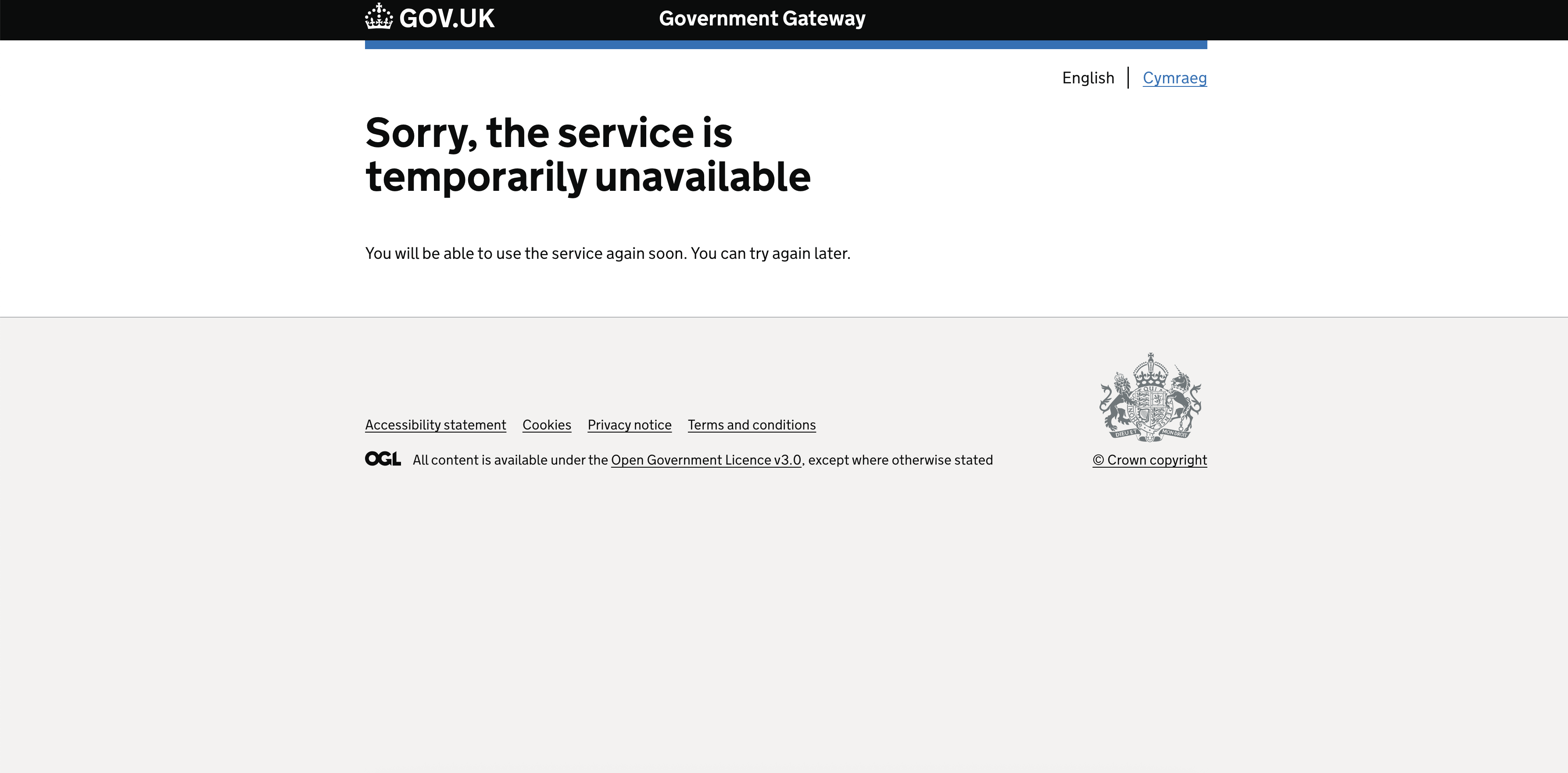 HMRC service failure message after Amazon Web Services outage.