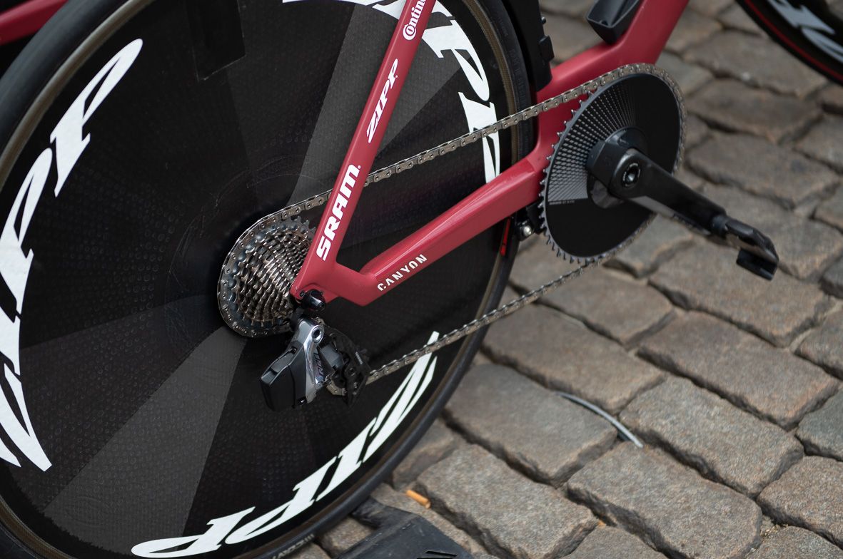 Katusha-Alpecin's bikes are paired with SRAM RED eTap AXS drivetrains with several riders opting for a 1X setup