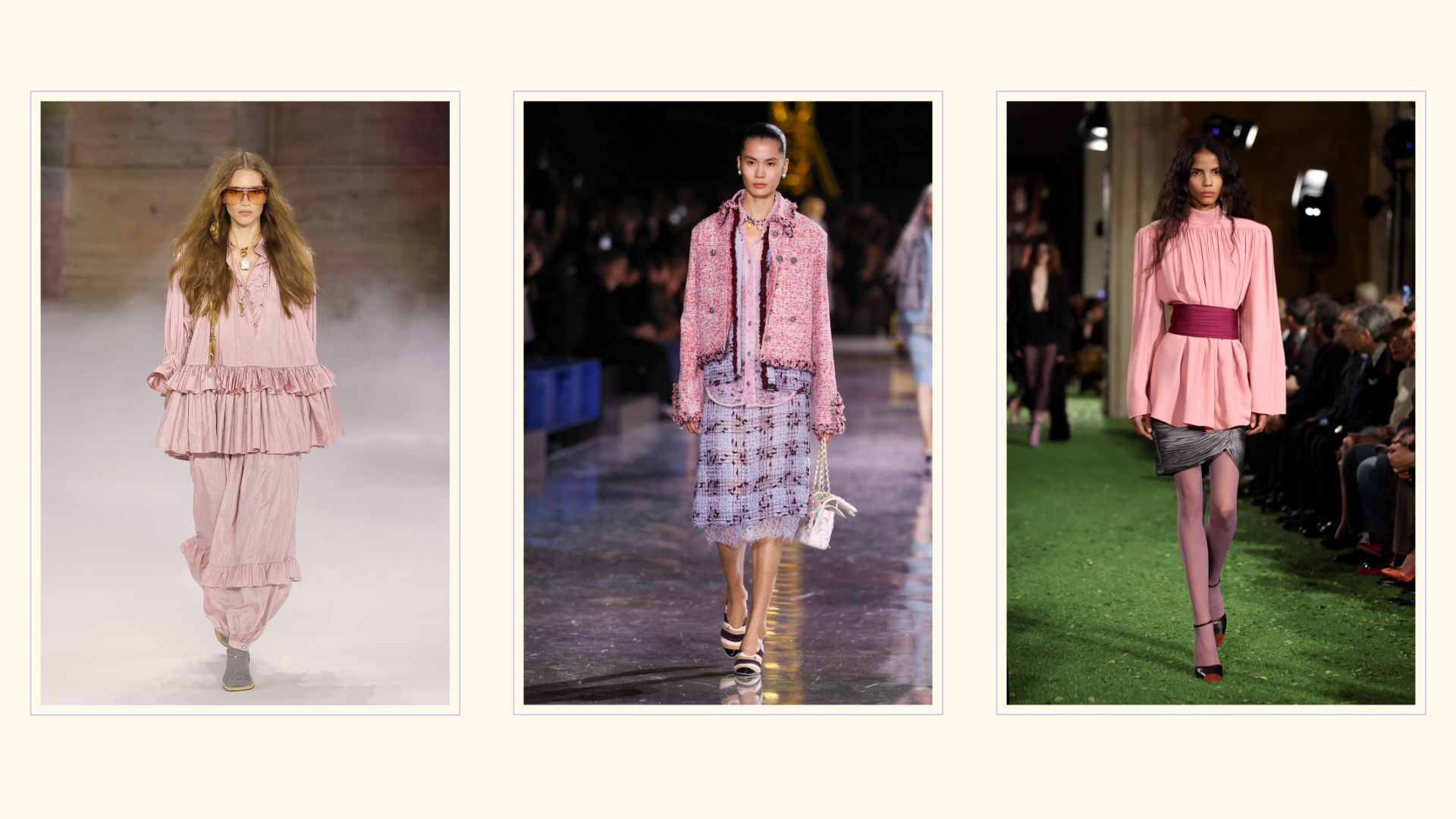 Models wearing frosty pink outfits on the runway