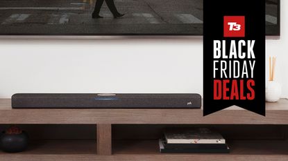 Polk React soundbar in a living room with banner saying Black Friday deals