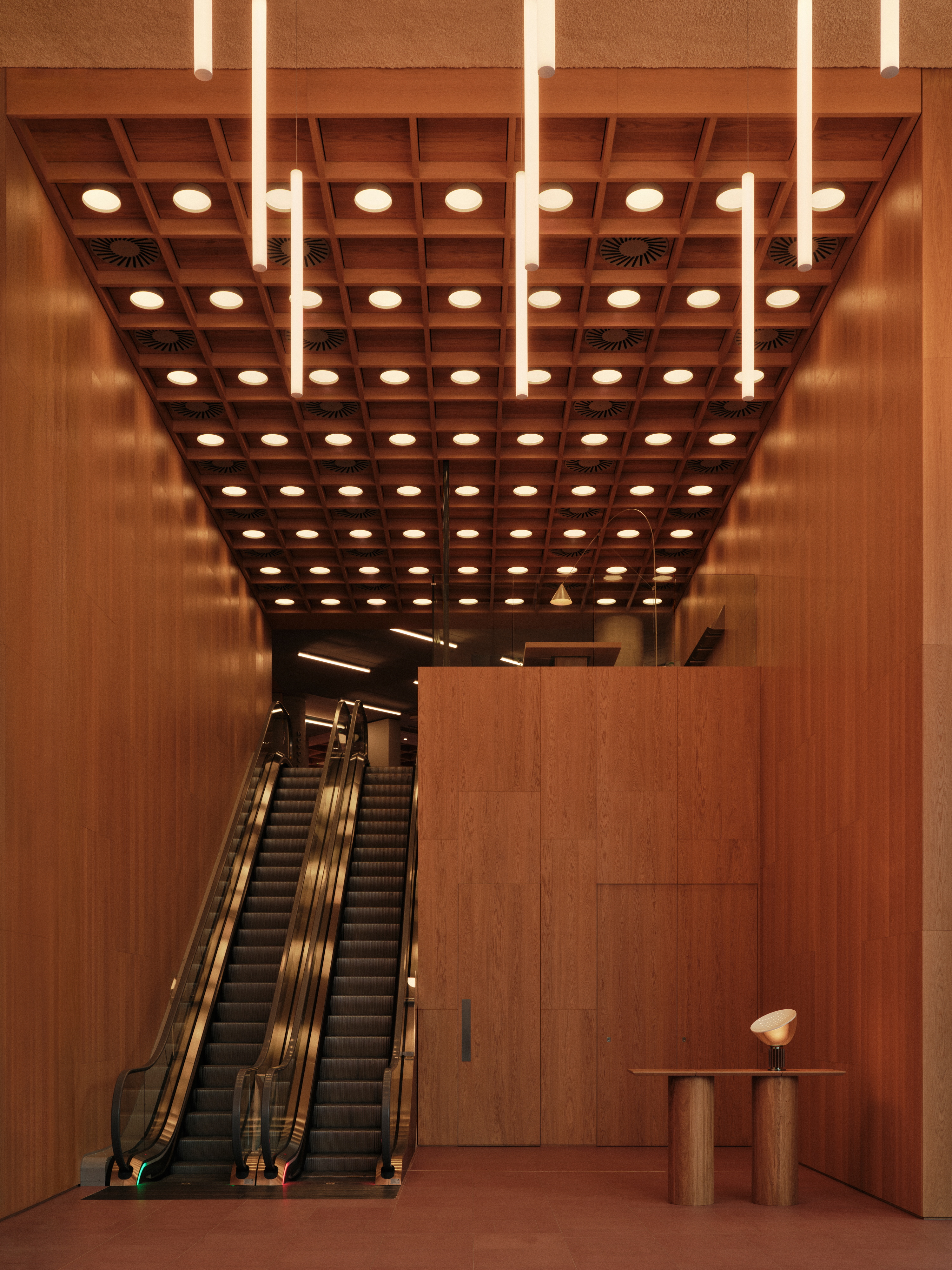 interior of Piercy&amp;amp;Co's Triton-Square, brown tones, timber materiality